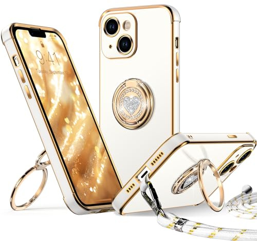 XYZ för iPhone 13 fodral med stativ, dubbel ringhållare fodral hjärta med snodd för flickor kvinnor, lyxig söt bling skyddande telefonskyddsfodral för iPhone 13, vit