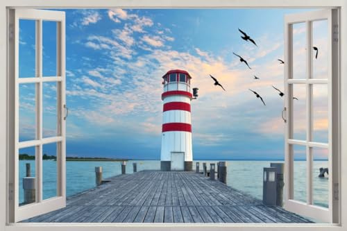 HUBDECO - Wandtattoo - Wanddeko - Selbstklebende Folie - Wandsticker - Fototapete 3d Effekt - Selbstklebende Tapete - Fenster & Meer Motiv - Leuchtturm Seemöwen - 120x80cm