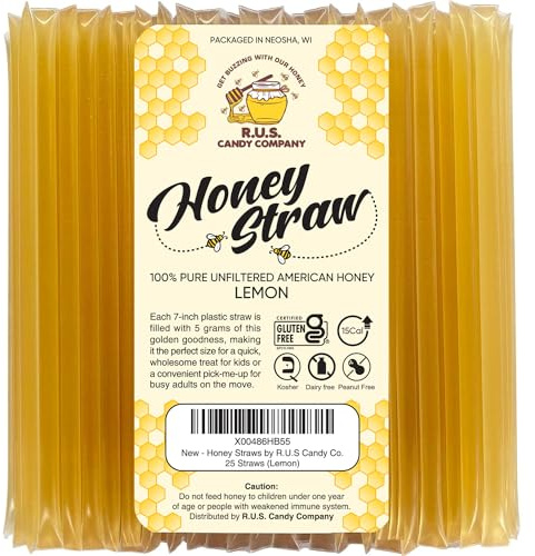 25 Pack Honey Sticks For Tea, Snacking, Honey Straws Packets Single Serve Stir Sticks, Natural Flavor by R.U.S Candy Company- (Lemon)