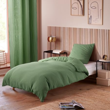 Promo Linge Parure de Lit en Gaze de Coton - pour Lit Une Place - Parure de Couette 140x200cm (Vert)