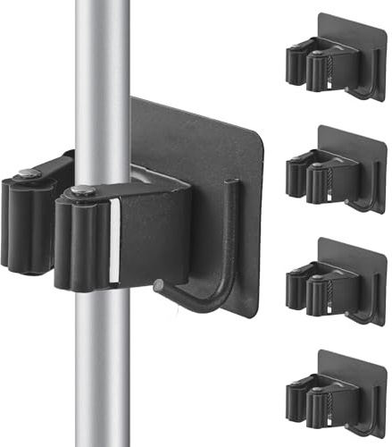 Cokshy Besenhalterung Wand, 4 Stück Edelstahl Besenhalter mit Haken Selbstklebend, Mop Halterung ohne Bohren GeräTehalter für KüChe, Wischmopp, Badezimmer, Garten, Schaufel, Werkzeuge (Dunkelgrau)
