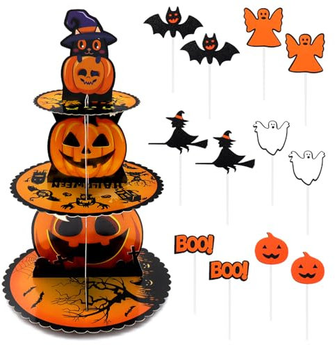 Supporto per Cupcake a 3 Livelli Alzatina Porta Muffin e 12×Cupcake Toppers Alzate per Torta con Zucca Fantasma per Cupcake Dessert Halloween Decorazioni(Altezza 45CM)