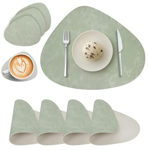Tovagliette e Sottobicchieri Lavabili Tovagliette Rotonde in Pelle PU | Tovagliette Bifacciale Impermeabile Resistenti al Calore Non-scivolose Tovagliette Americane (Set di 4, Verde Bianco Avorio)