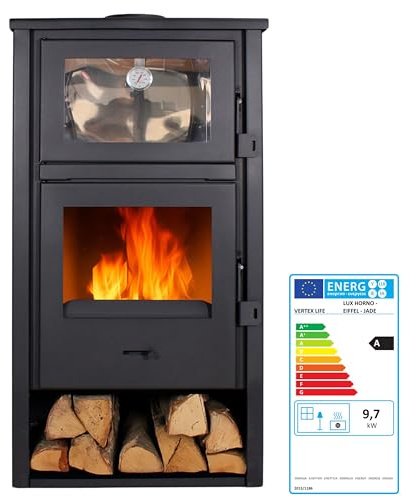 EIDER BIOMASA – Estufa de Leña Lux con Horno en INOX – 12,4 kW – Compacta 104x46x48 cm – Horno Superior de Acero Inoxidable – Frente y Tapa en Fundición – Calienta hasta 210 m³ – Clase Energética A