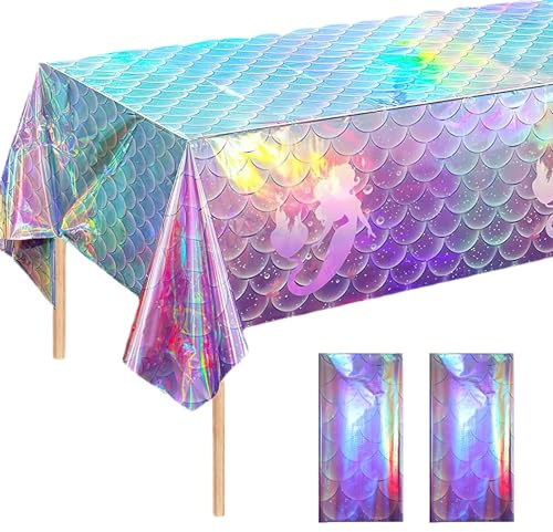 2 Stück Meerjungfrau Tischdecke, Meerjungfrau Party Tischdecke 137 x 274 cm, wasserdichte Meerjungfrau Themen Tischdecke für Geburtstagsfeiern, Familienessen, EIN Picknick Machen (Bunt)