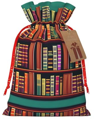 HJLUUFT Jutebeutel mit Bibliotheks-Bücherregal-Druck, Weihnachtsgeschenktüte mit Kordelzug und Geschenkanhänger, Hochzeit, Weihnachten, Partygeschenke