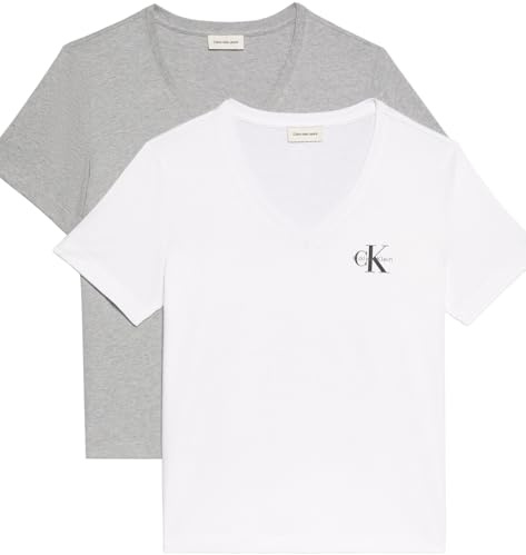 Calvin Klein Camisetas de Manga Corta Pack de 2 Mujer Logo tee con Cuello de Pico, Multicolor (Heroic Grey Heather/Brilliant Whi), XL