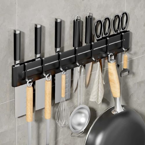 Hnonoxy Wall Kitchen Utensil Holder, 40 cm Kitchen Utensils Hanger Bar Self-Adhesive with 7 Movable Hooks, Kitchen Utensil Bar Self-Adhesive, No Drilling Knife Holder, Black