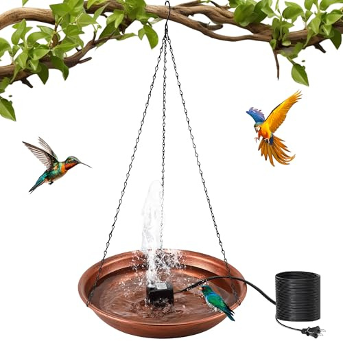 24.8 Extra Large Hanging Bird Bath with 8W Fountain Pump, 14 Copper Metal Bird Bath Bowl with Adjustable 3 Water Flow Modes and 2 Spray Nozzles, Birdbath Feeder for Outdoor Garden Backyard Patio Lawn