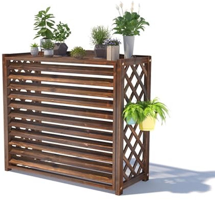 Valla de privacidad para aire acondicionado al aire libre con rejilla de madera, diseño decorativo, resistente a la intemperie, protector de jardín y patio (largo 85 x 35 x 75 cm)