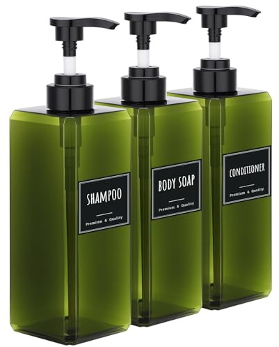 Segbeauty Seifenspender Grün, 3 Stück 800ml Pumpspender, Spülmittelspender Küche mit Etiketten, Shampoo Spender für Dusche aus Kunststoff, Seifenspender Set