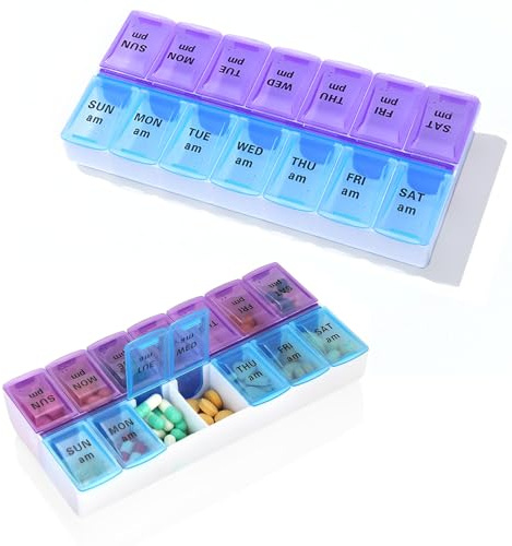 PHMING 2 Stück Tablettenbox 7 Tage Morgens Abends, Plastik Medikamentenbox 7 Tage, Tablettenbox für Medikamente, Vitamine, Fischöl, Nahrungsergänzungsmittel Usw