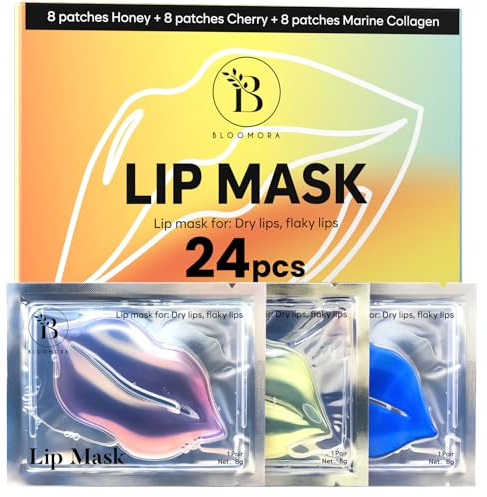 Moisturizing Lip Mask Sheet (24PCS) - Marine Collagen, Cherry & Honey - Anti-Wrinkle, Anti-Aging & Hydrating Lip Patches for Women - At Home Spa Day Essentials - Day & Night