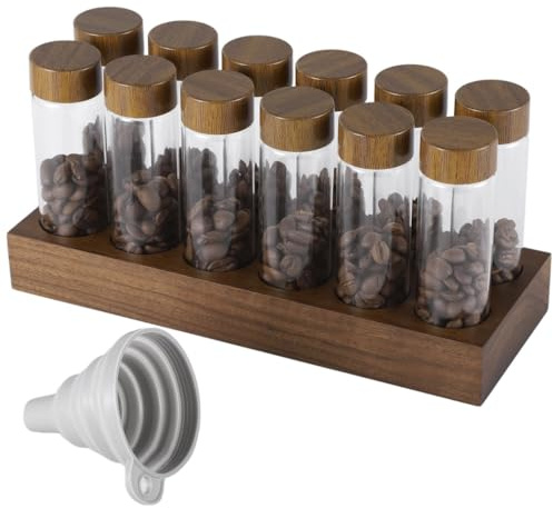 YOFAPA 12 PCS Single Dose Coffee Bean Storage Tubes, Glass Coffee Bean Cellars with Wood Base and Funnel, Sealed Airtight Dosing Glass Vials With Lids, Mini Coffee Beans Glass Bottle Jars