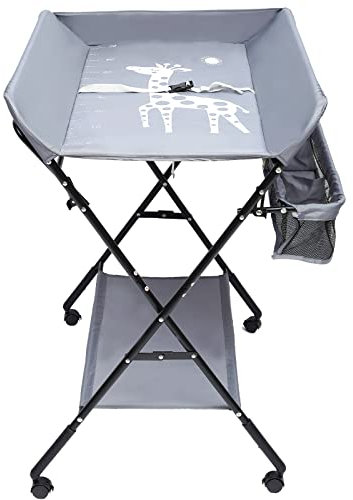 Donened Table à langer mobile, table à langer, pliable, portable, avec ceinture de sécurité et compartiments de rangement, pour bébé jusqu'à 12 mois, table à langer avec roulettes, gris foncé