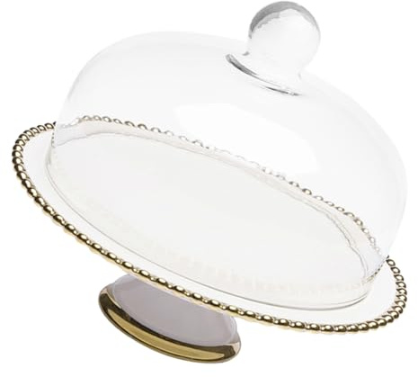 VICASKY Alzata per Torte con Coperchio in Vetro, Supporto Dorato Elegante | Struttura a Piede Alto, Apertura Ampia, Adatta a Cucina e Soggiorno, Uso per Frutta e Dolci