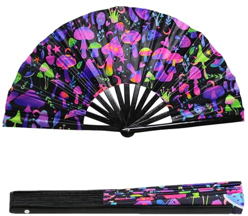 DXPETA Hand Fan Folding, Large Fabric Folding Fan with Sturdy Bamboo Frame, Portable Clack Fan for Festivals, Raves, and Parties, Eye-Catching Fluorescent Design Under UV Light