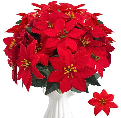 ROLLWAY Künstliche Weihnachtsstrauß, 3 Stück Weihnachtsstern Künstlich Rot | Weihnachtsblumen , Kunstblumen Strauss Weihnachten Deko Künstliche Blumen Winter für Tisch Party Innen Aussen