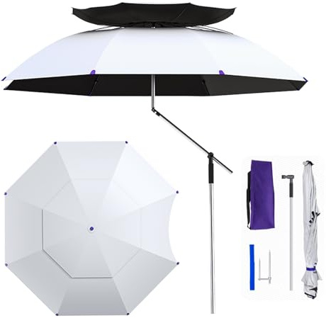 Générique Parapluie de Pêche Pliable Extérieur, 220 cm Parasol de Voyage Épais UV50+ Portable, 2 Auvents Pare-soleil de Camping Résistant au Vent Inclinable