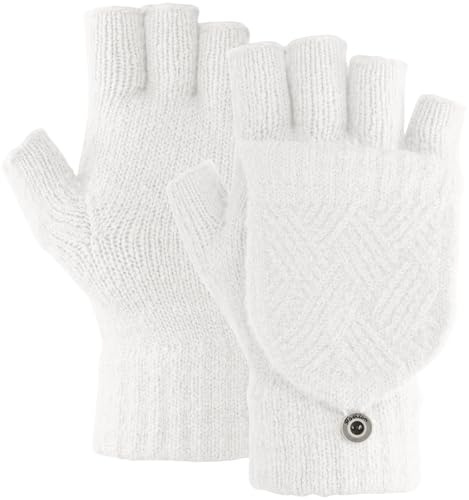 Risipu Fingerlose Handschuhe mit Klappdeckel für Damen, weich, Winter, Halbfinger-Handschuh, Touchscreen, warm, fingerlos, gestrickte Fäustlinge für Damen, weiß, One size