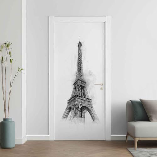 Eiffelturm Paris Türaufkleber, Schwarz Weiß Türfolie Selbstklebende Fototapete, Handgezeichnete Türposter Abnehmbar Türfolie PVC Für Tür Schlafzimmer Badezimmer Türaufkleber 77x200 cm