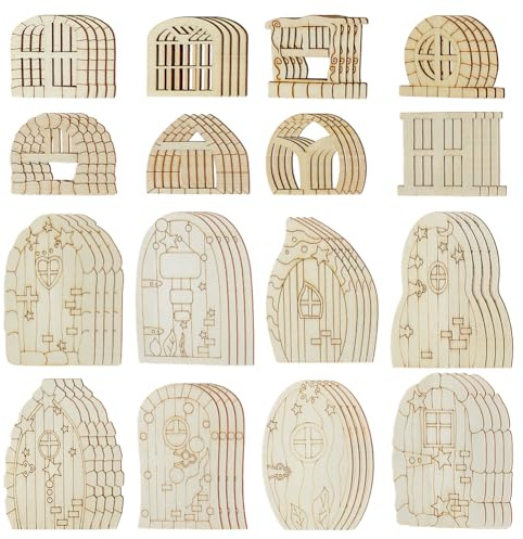 GOMAKERER 128 mini finestre in legno per casette delle fate, porta da giardino in miniatura, non finita, fai da te, per casa, ufficio, festa di nozze, accessori decorativi (Bisque)