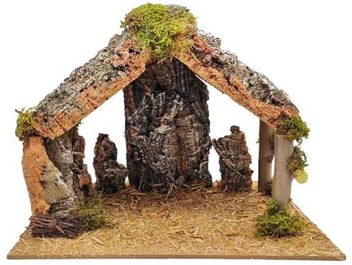 Acan Tradineur - Cueva/Portal de belén de Corcho, Pesebre con Techo Triangular y Musgo para Nacimiento, Figura de Navidad, decoración Tradicional - 30 x 20 x 23 cm
