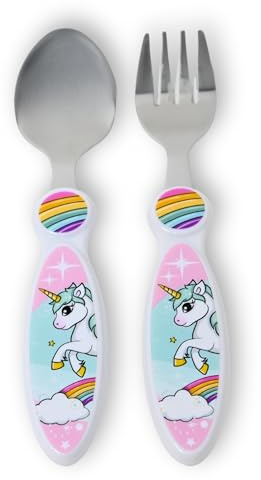 damaloo Cubertería infantil de unicornio, juego de cuchara y tenedor de 14,5 cm, cubiertos de acero inoxidable con mango de plástico, diseño infantil para niñas, sin BPA y resistente, perfecto para el