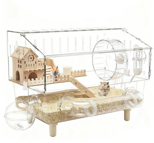 Hamosky Hamsterkäfig Hamsterkäfig 2-lagig durchsichtig Acryl Hamster Lebensraum 45x28x34cm Großer Lebensraum für Igel Rennmäuse Frettchen Transparent Doppelschicht Haus mit 11 Zubehör