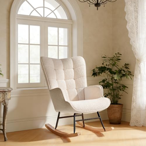 FEEOHOME Fauteuil à Bascule, Chaise Loisir, Fauteuil Chambre Adultes avec accoudoirs et Poches, Chaise a Bascule Velours Teddy avec Pieds en Bois Massif pour Chambre, Salon, étude (Beige)