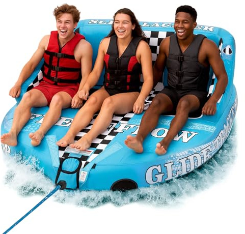 Serenelife Inflatable Towable Tube for Boating – 3 Person, 4500 lbs Pulling Capacity, Deck Seats & Backrest, Premium Nylon Cover, Grab Handles, Front/Back Tow Points, Speed Safety Valve
