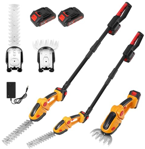 Taille-Haie avec Perche Télescopique, 2 en 1 24V Cisaille à Gazon sur Batterie, Lames et Chargeur Inclus, 2x1500 mAh, sans Fil pour Arbustes, Jardin, Pelouse