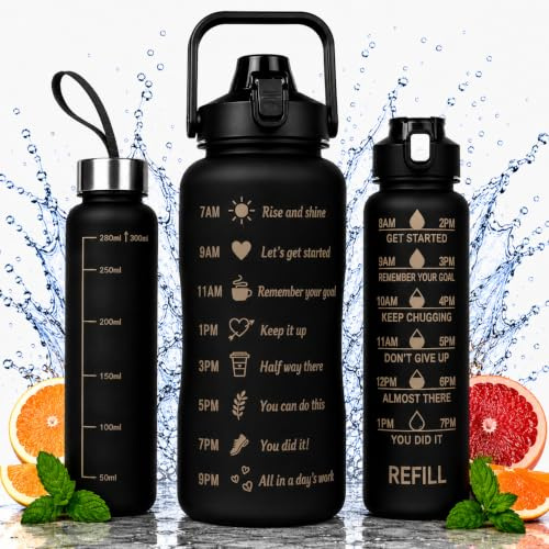 3-Piece Motivational Water Bottle Set with Time Markers, BPA-Free Leakproof Sports Water Bottles, 2L + 700ml + 300ml, Reusable Gym & Outdoor Water Bottles for Fitness, Hiking, Camping, Black