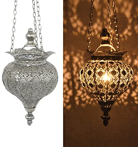 Westcharm Lámpara Colgante de Metal marroquí Oriental de Plata Envejecida, lámpara Colgante de Metal para decoración Interior y Exterior, pequeña