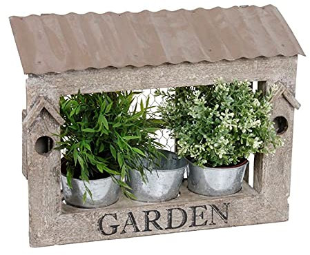 Spetebo Holz Kräuterbeet 44 cm mit 3 Zink Pflanztöpfen - Deko Pflanzkasten Retro Blumenregal Kräuterbeet Blumentopf für Fensterbank etc.