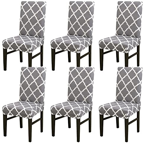 LiveGo Dining Chair Covers Set of 6,Stretch Dining Chair Protective Printed Slipcovers,Elastic Removable Washable Chair Protector Seat Covers for Dining Room Banquet Party Home Decor(Grey+white, 6PCS)