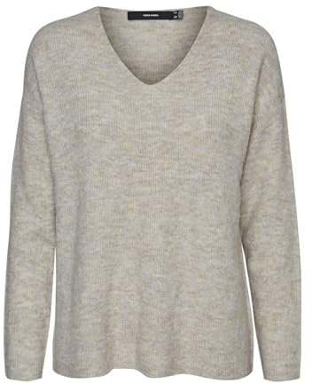 VERO MODA Stickad Tröja V-Hals Långärmad Tröja Stickad Jumper VMCREWLEFILE, Color:Beige, Size:XS