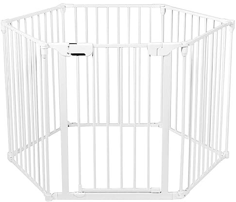 COSTWAY Kaminschutzgitter klappbar, Laufgitter mit Sicherheitstür, Ofenschutzgitter inkl. Wandhalterung, Konfigurationsgitter aus Metall, Absperrgitter (Weiß, 6 Elemente)