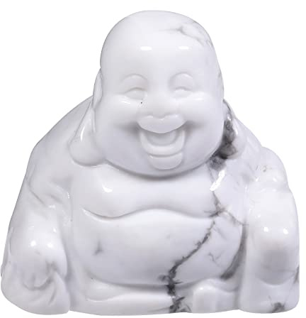 Lovionus89 Buddha Figur Edelstein Handgeschnitzt 4cm - Lachender Buddha Naturstein Deko für Meditation Yoga Büro - Glücksbringer Feng Shui Geschenk, Weißer Howlith