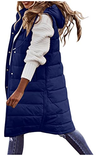 HHMY Chaleco térmico – Chaleco largo para mujer, chaleco acolchado con capucha y bolsillo, sin mangas, chaleco de entretiempo para mujer, chaleco deportivo cálido, chaqueta de entretiempo para