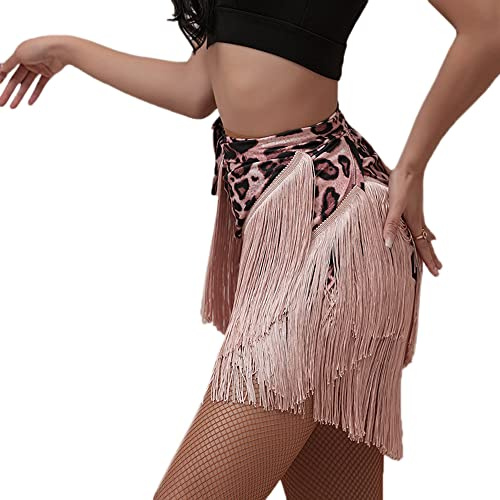 Jupe de danse latine pour femme Salsa Tango Pompon Skate Wrap Écharpe Danse, rose/léopard, Taille Unique