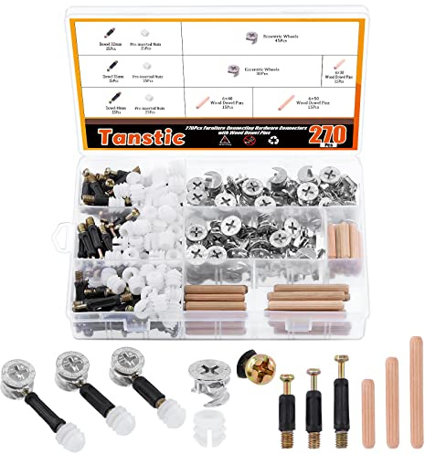Tanstic 270Pcs 3 in 1 Furniture Connecting Hardware Connectors Kit, Including Cam Lock Fittings with Dowel, Pre-Inserted Nut, Wood Dowel Pins Furniture Crib Screws