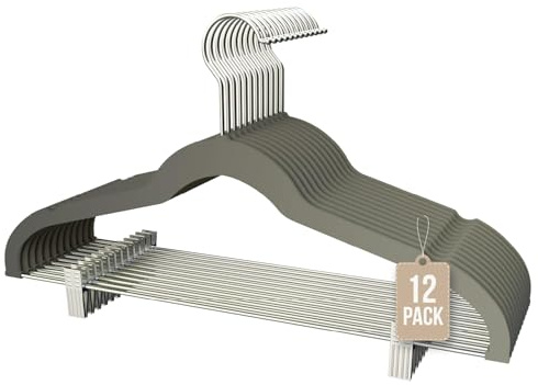 COM-FORT HOUSE - Perchas Terciopelo con Pinzas Antideslizantes- Color Gris- 12 Unidades- 2 Clips Ajustables - para Pantalones, Faldas, Vestidos - Gancho Giratorio 360° - Ahorra Espacio