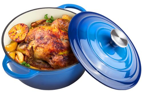 6 Quart Dutch Oven Enameled Cast Iron with Lid - Big Dual Handles - Oven Safe up to 500°F - Classic Round Pot for Versatile Cooking (Blue, 6 QT)