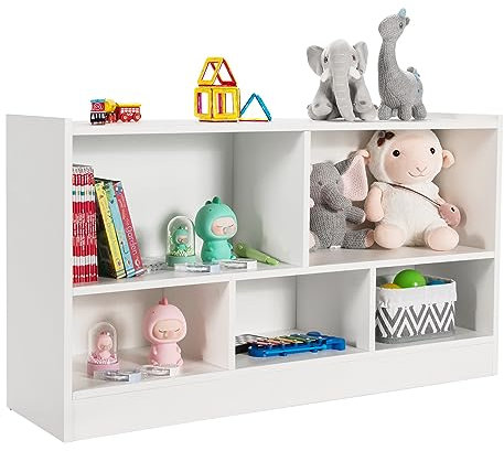 HOMASIS 2-stöckig Spielzeugschrank mit 5 Fächern, Kinderregal Bücherregal aus Holz, offen Aufbewahrungsregal Spielzeugregal für Kinderzimmer Spielzimmer Schlafzimmer, 111 x 30 x 61,5 cm (Weiß)