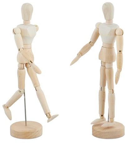 Relaxdays Gliederpuppe 2er Set, Holzpuppe, 20 cm Zeichenpuppe, bewegliche Holzfigur, zum Zeichnen, Zeichenfigur, Natur