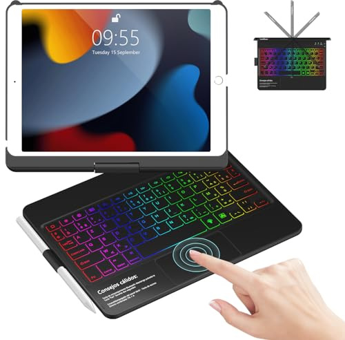 Étui Clavier avec Touchpad pour iPad 9/8/7ème Gén avec 7 Rétroéclairages | Rotatif à 360° Coque pour iPad avec Mise en Veille/Réveil Automatique&Porte-Stylet, AZERTY Français Bluetooth Clavier-Noir
