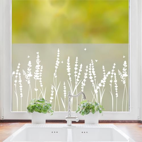 Sichtschutzfolie Lavendel florale Fensterfolie Fensterdeko Milchglasfolie Wiederverwendbar Sichtschutz, 55 cm hoch, 50 cm breit