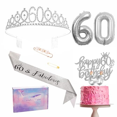 Decorazioni per il 60° compleanno in argento – Set fascia e diadema da donna, fascia per feste, corona, topper per torta, palloncini in alluminio, candele