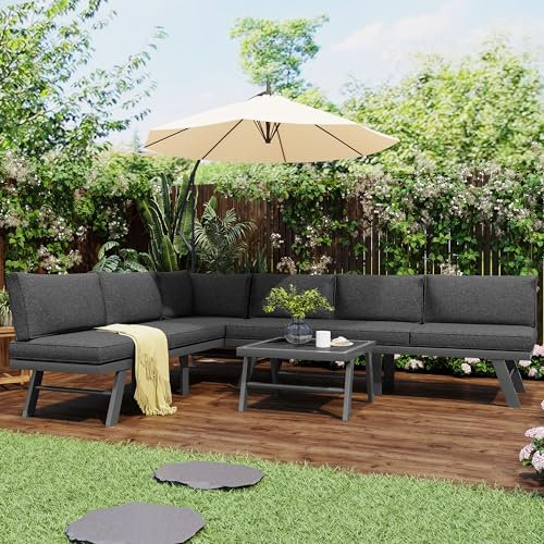 Merax Gartenmöbel-Set für 5-6 Personen, Garten Lounge Set aus Aluminium: Modernes Loungeset mit 2 Ecksofas, 1 Tisch und bequemen beigen Kissen Grau